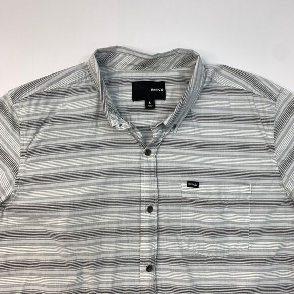 Hurley Shirt Mens L Large Grey Button Down Short Sleeve Striped Cotton Pocket - Picture 4 of 10